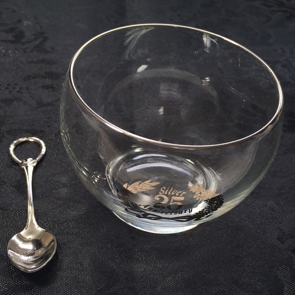 Vintage 25th Silver Anniversary Glass Sugar Bowl with Spoon Silver Rim Crest